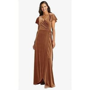 Nwt After Six Wrap Dress XS Velvet V-Neck Maxi Golden Almond Flutter Sleeve